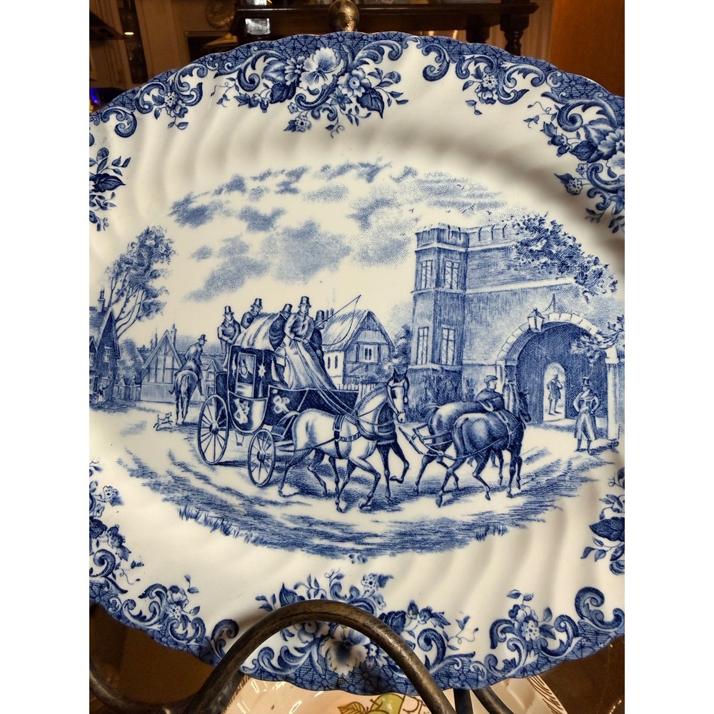 Johnson Brothers Coaching Scenes Blue White Platter Entering the Inn Yard
